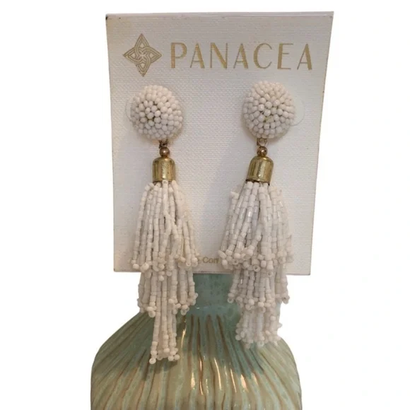 PANACEA Earrings Beaded Tassel I White I Metallic Gold Accents I Post Backings - Picture 5 of 11